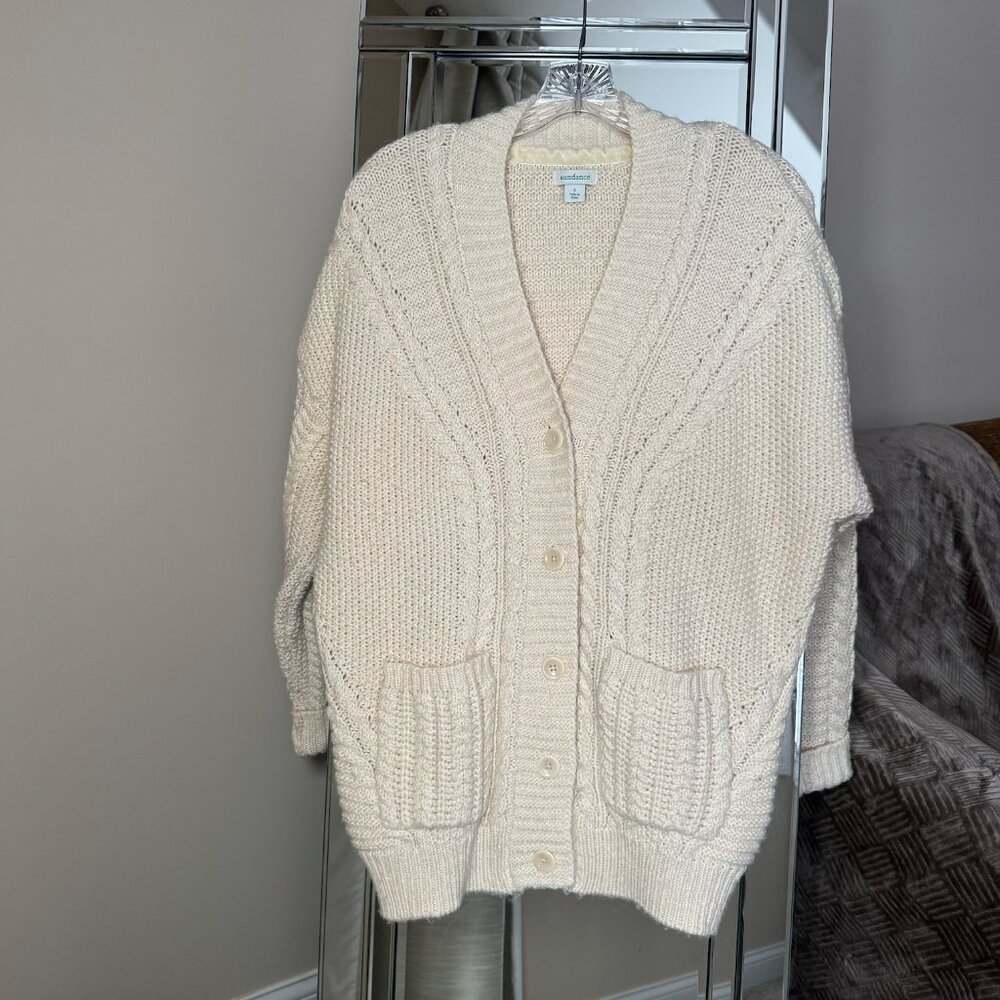 Sundance Cardigan Sweater Cable Knit pockets oversized size small wool cream - Picture 4 of 8